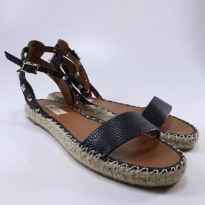 Black Grained leather Classic Rockstud Espadrilles Flat Sandals C585